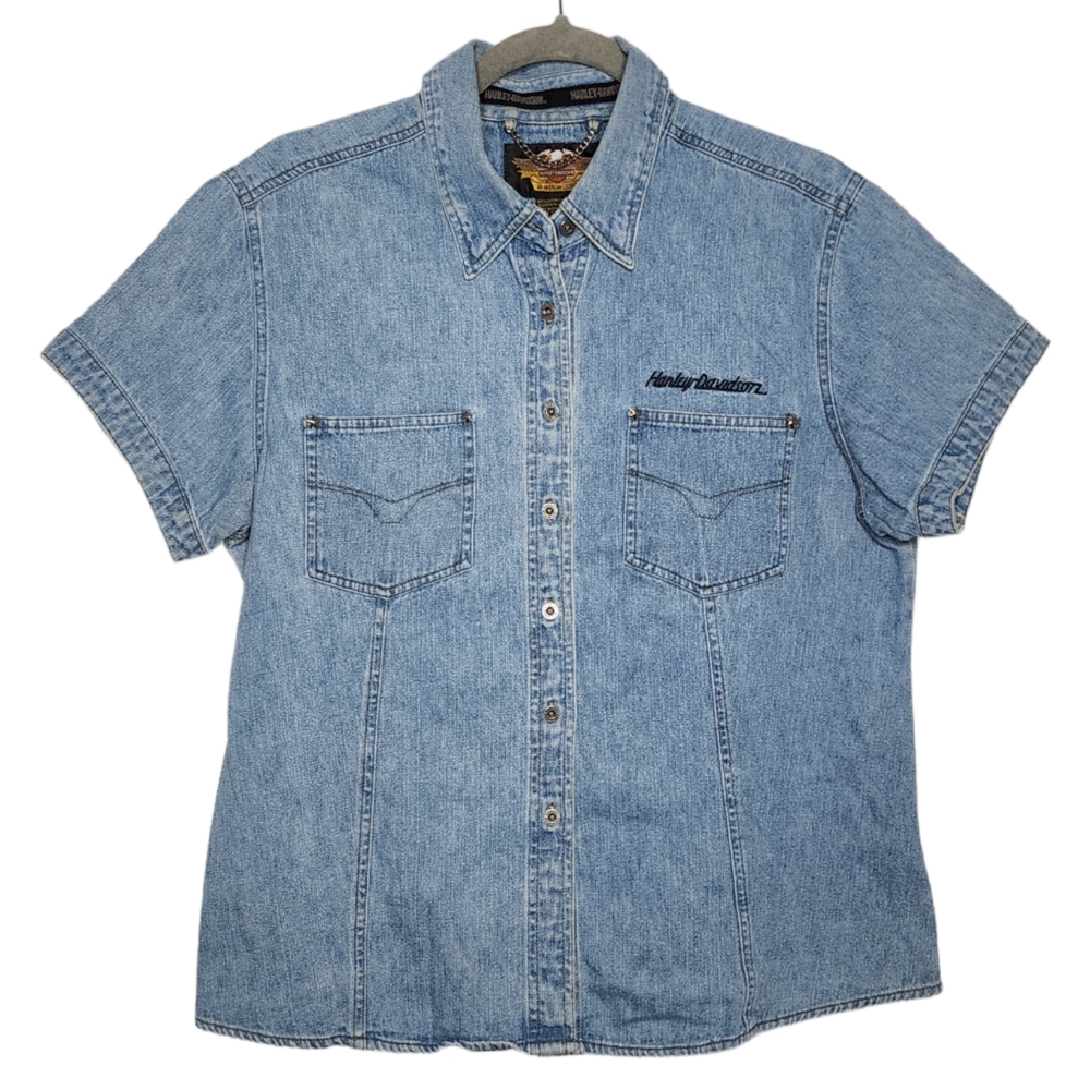 Harley Davidson  Denim Shirt Button Up - Women's Large - Embroidered